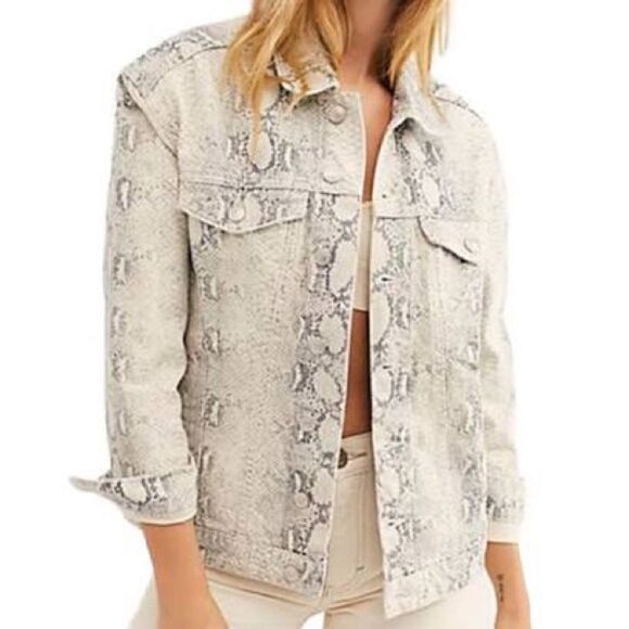 Anthropologie Free People Snake Print Denim Trucker Jacket - Picture 2 of 9